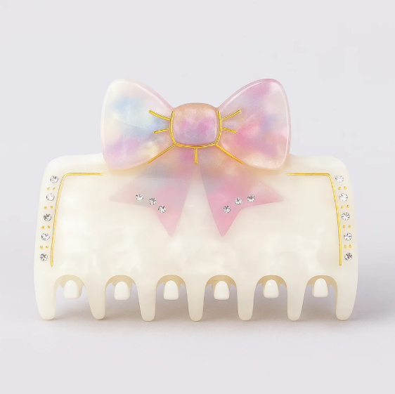 White Marble Effect Claw Clip with Pink Bow