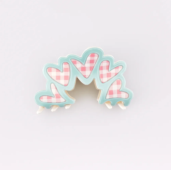 Gingham Hearts With Blue Lining Claw Clip