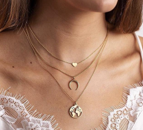 Globe Moon 3 Layered Necklace