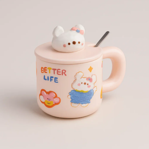 White Bunny Ceramic Cup with Bunny Handle Lid