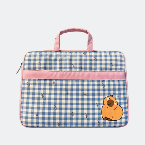 Blue Gingham Capybara Laptop Bag