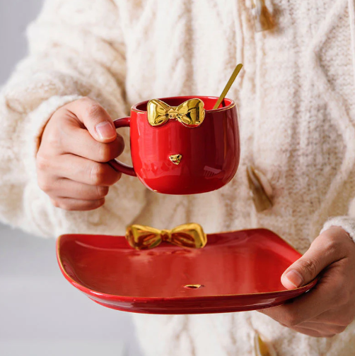 Golden Bow Cat Coffee Cup & Plate Set
