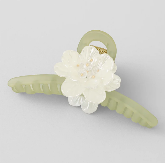 Olive Clawclip with White Flower