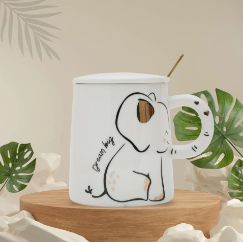 Adorable Elephant Printed Ceramic Mug with Lid - White