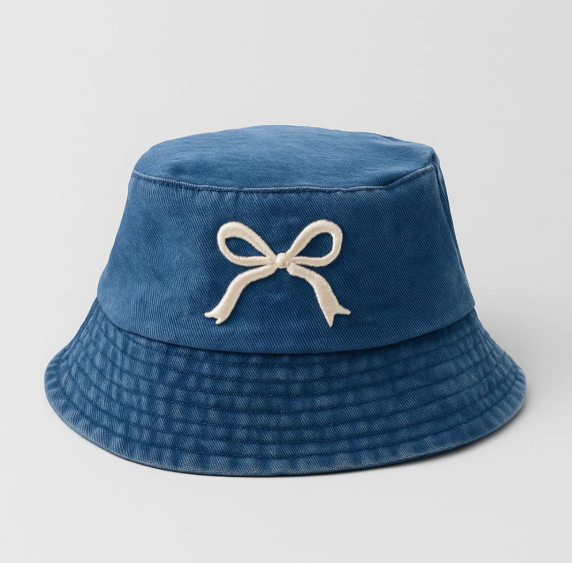 White Embroidered Bow Bucket Hat