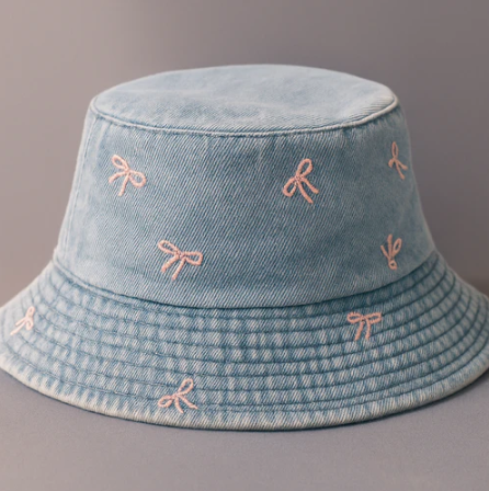 Washed Blue Bucket Hat with Bows