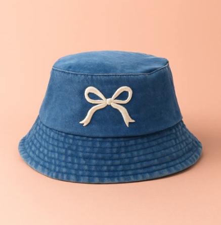 White Embroidered Bow Bucket Hat