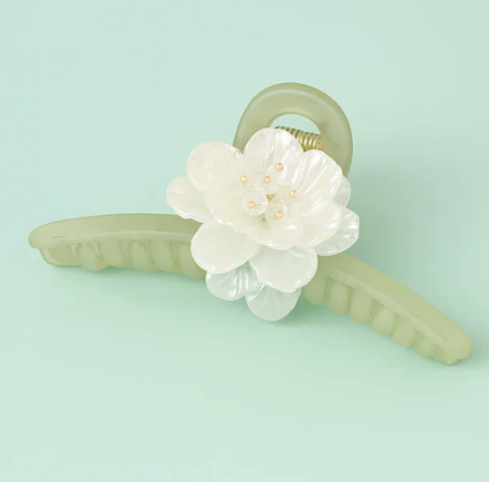 Olive Clawclip with White Flower