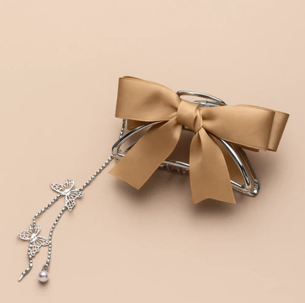 Ribbon Clawclips with Butterfly Tassels Brown