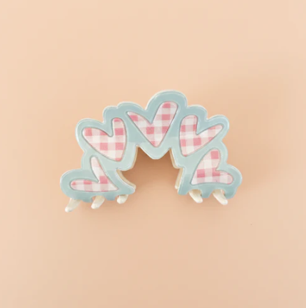 Gingham Hearts With Blue Lining Claw Clip