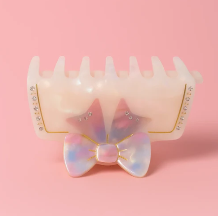 White Marble Effect Claw Clip with Pink Bow