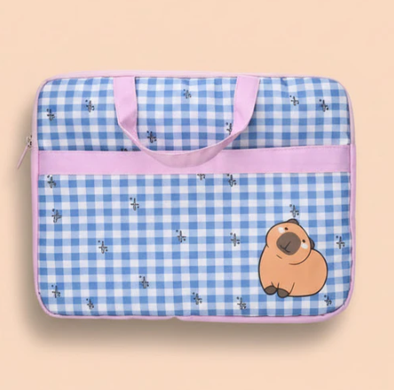 Blue Gingham Capybara Laptop Bag
