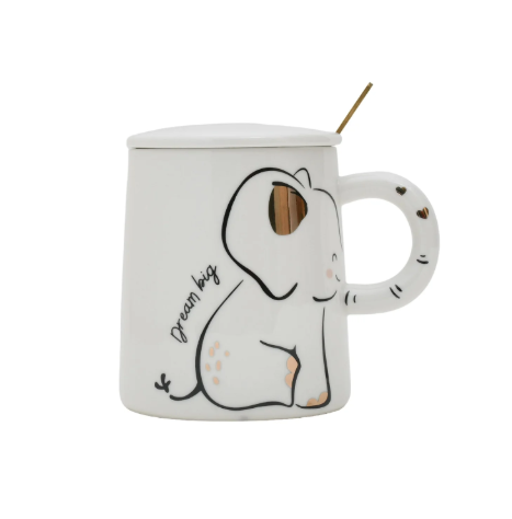Adorable Elephant Printed Ceramic Mug with Lid - White
