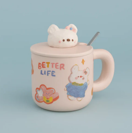 White Bunny Ceramic Cup with Bunny Handle Lid