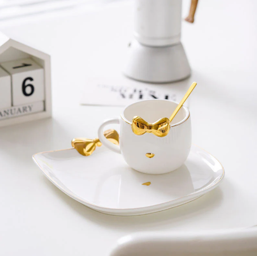 Golden Bow Cat Coffee Cup & Plate Set