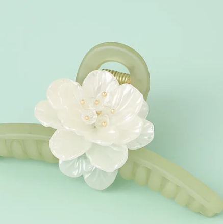 Olive Clawclip with White Flower