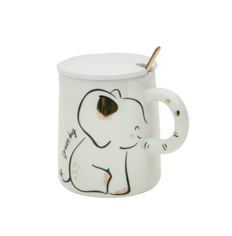 Adorable Elephant Printed Ceramic Mug with Lid - White