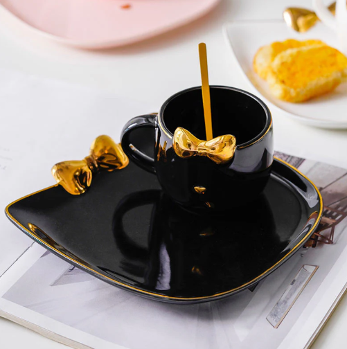 Golden Bow Cat Coffee Cup & Plate Set