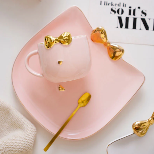 Golden Bow Cat Coffee Cup & Plate Set
