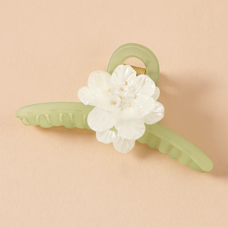 Olive Clawclip with White Flower