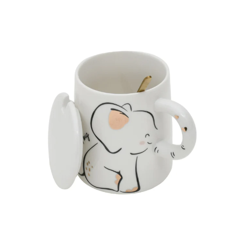 Adorable Elephant Printed Ceramic Mug with Lid - White