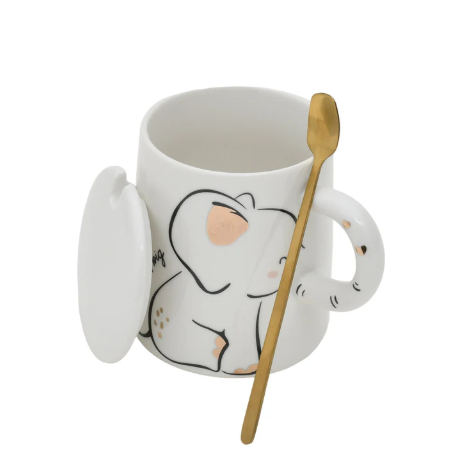Adorable Elephant Printed Ceramic Mug with Lid - White