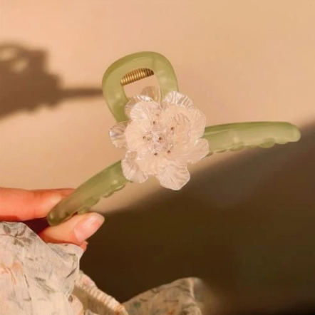 Olive Clawclip with White Flower