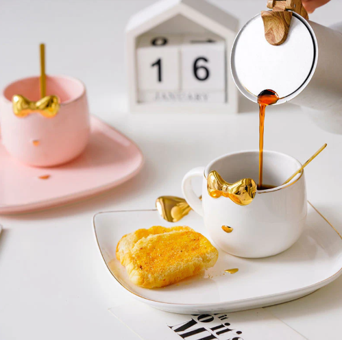 Golden Bow Cat Coffee Cup & Plate Set