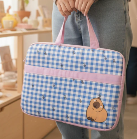 Blue Gingham Capybara Laptop Bag
