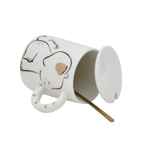 Adorable Elephant Printed Ceramic Mug with Lid - White